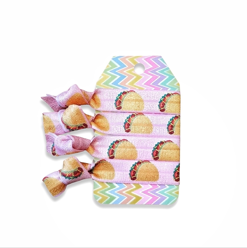 Taco Print Creaseless Elastic Hair Ties Pink Pastel 4-Pack Cute Taco Hair Ties